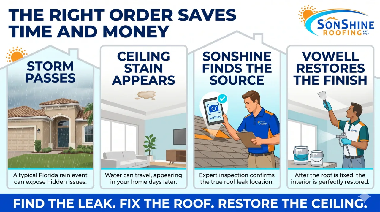 Four-panel infographic showing storm, ceiling stain, SonShine roof diagnosis, and Vowell ceiling repair.