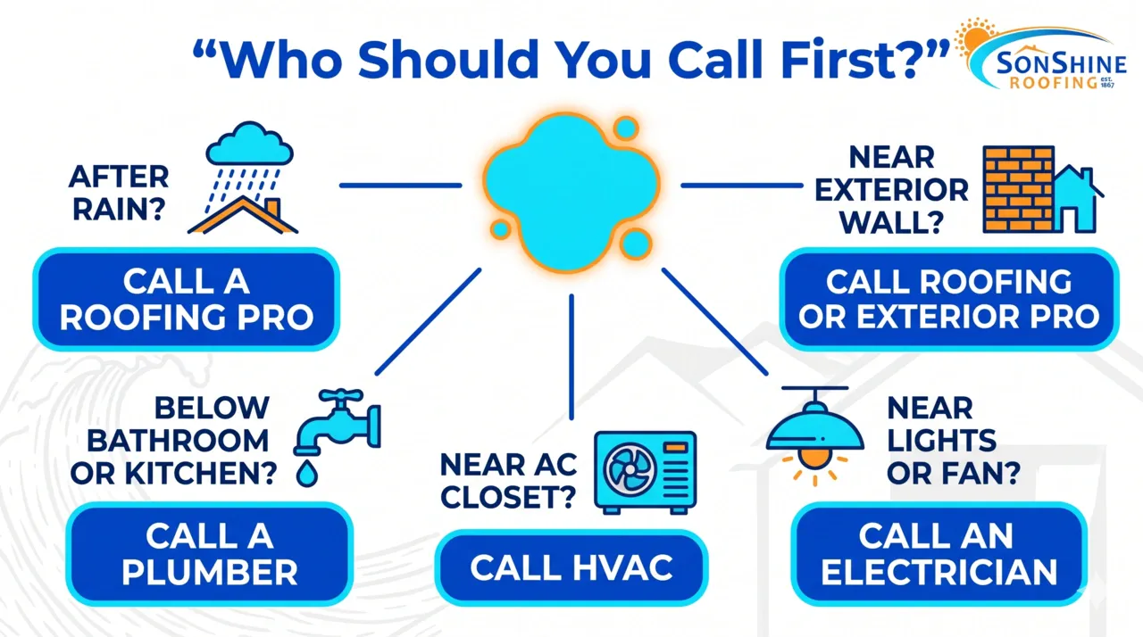 Decision tree infographic explaining who to call first when a ceiling has a water stain.