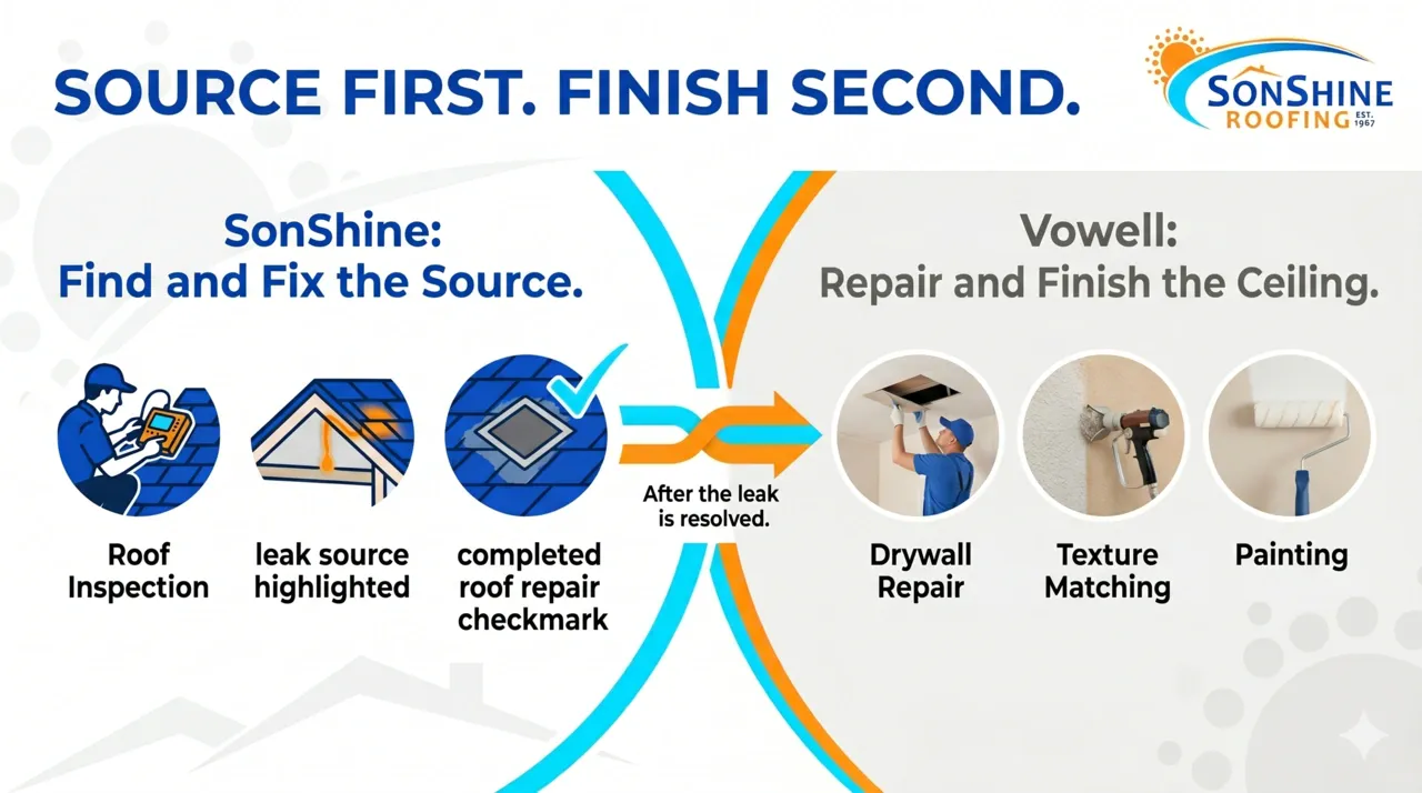 Collaboration infographic showing SonShine fixing the roof leak first, then Vowell Construction repairing drywall, texture, and paint.