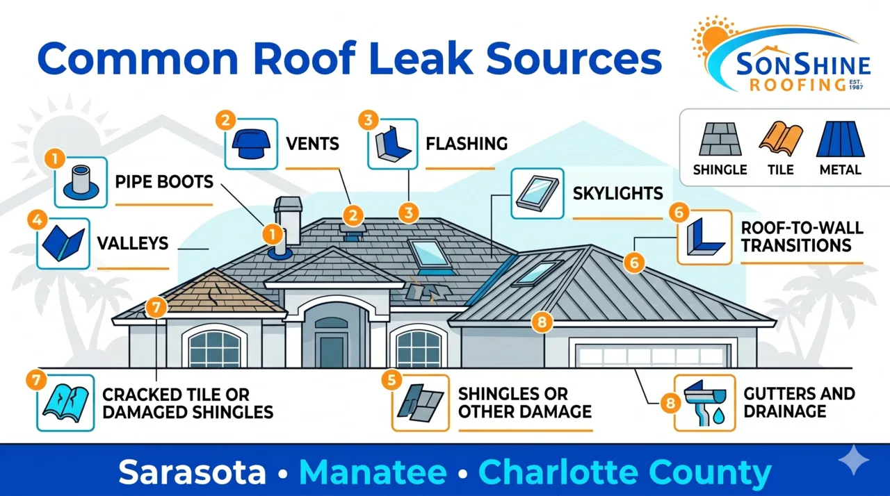 Illustrated roof infographic showing common leak sources such as pipe boots, vents, flashing, valleys, skylights, and roof-to-wall transitions.