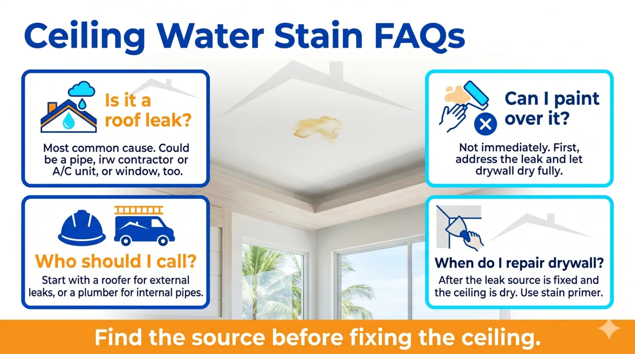 FAQ infographic for ceiling water stains with common questions about roof leaks, painting over stains, who to call, and drywall repair.