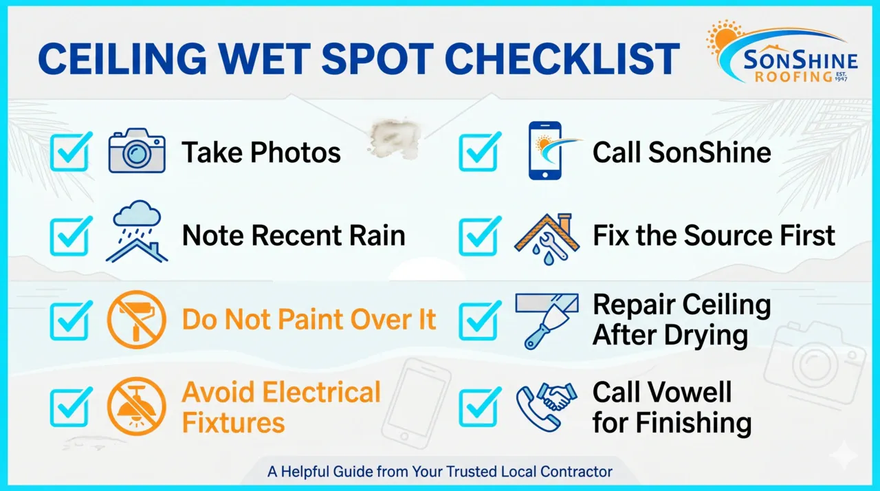 Checklist infographic showing what to do when a ceiling has a wet spot, including taking photos, avoiding paint, calling SonShine, and repairing the ceiling after the leak is fixed.