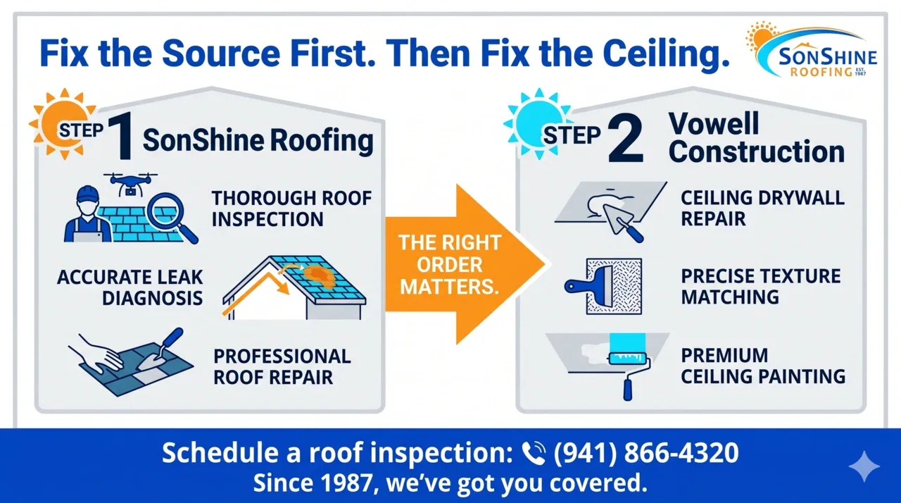Closing CTA infographic showing SonShine Roofing fixing the leak source first and Vowell Construction repairing the ceiling afterward.