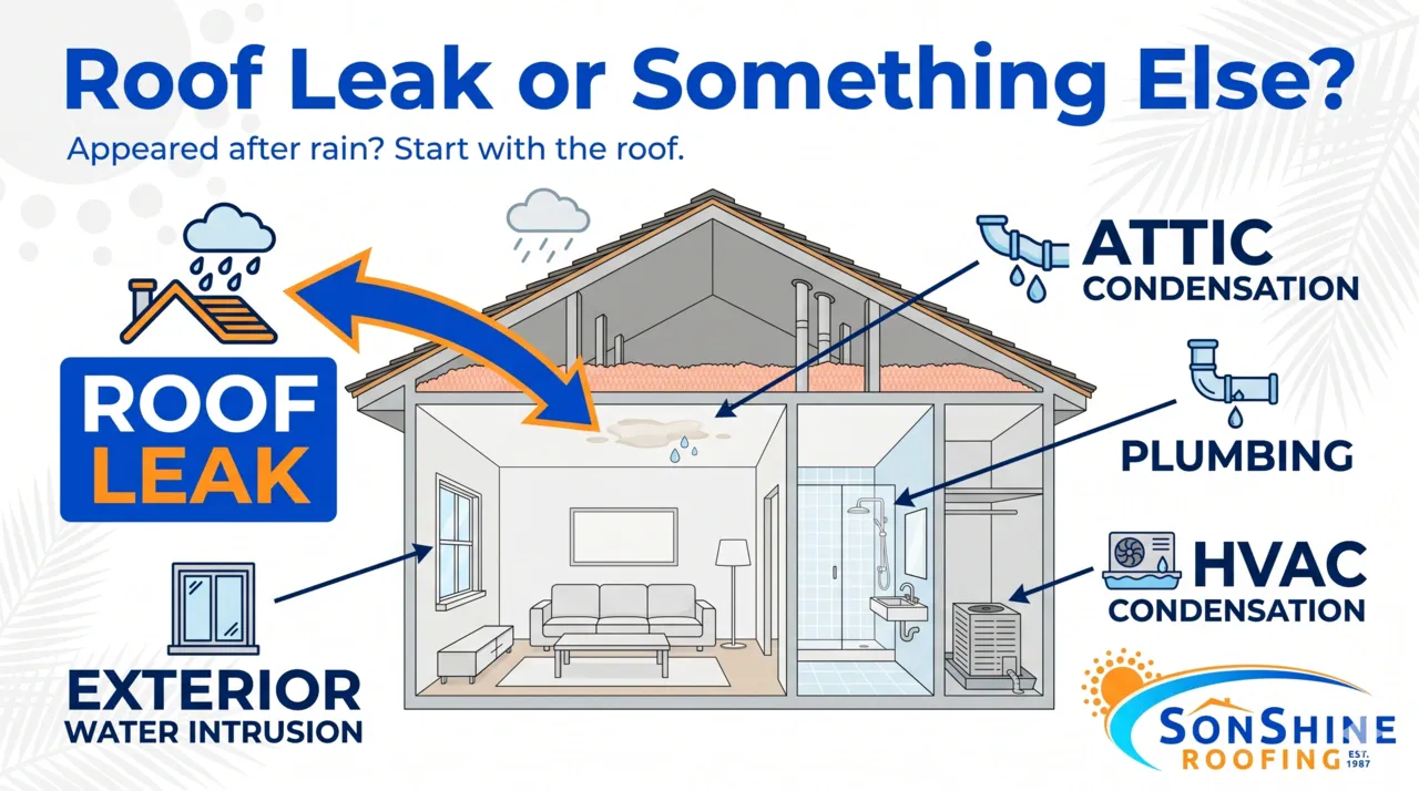 House cutaway infographic showing possible causes of a ceiling water stain, including roof leak, attic condensation, plumbing, HVAC, and exterior water intrusion.