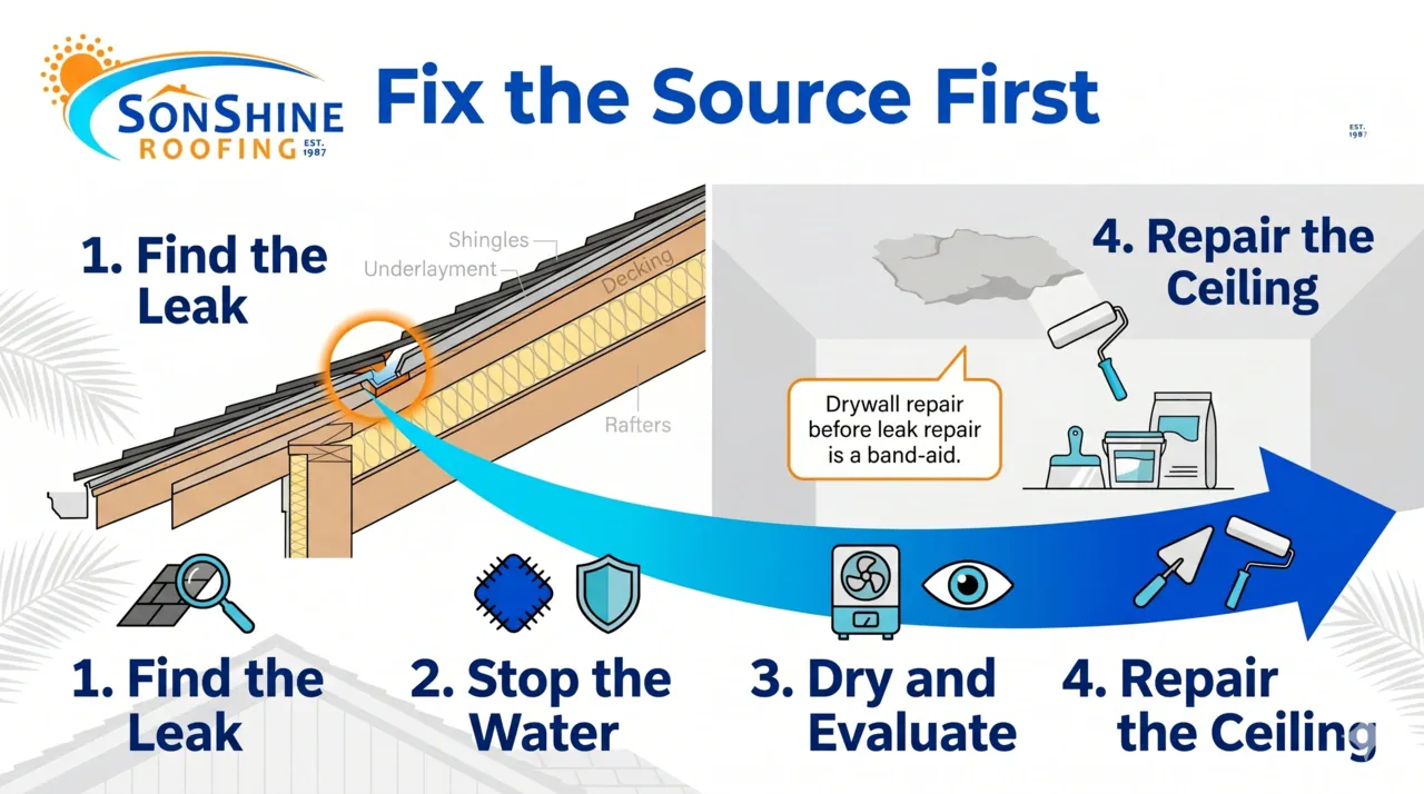 Infographic showing the correct order: fix the leak source before repairing drywall and ceiling texture.