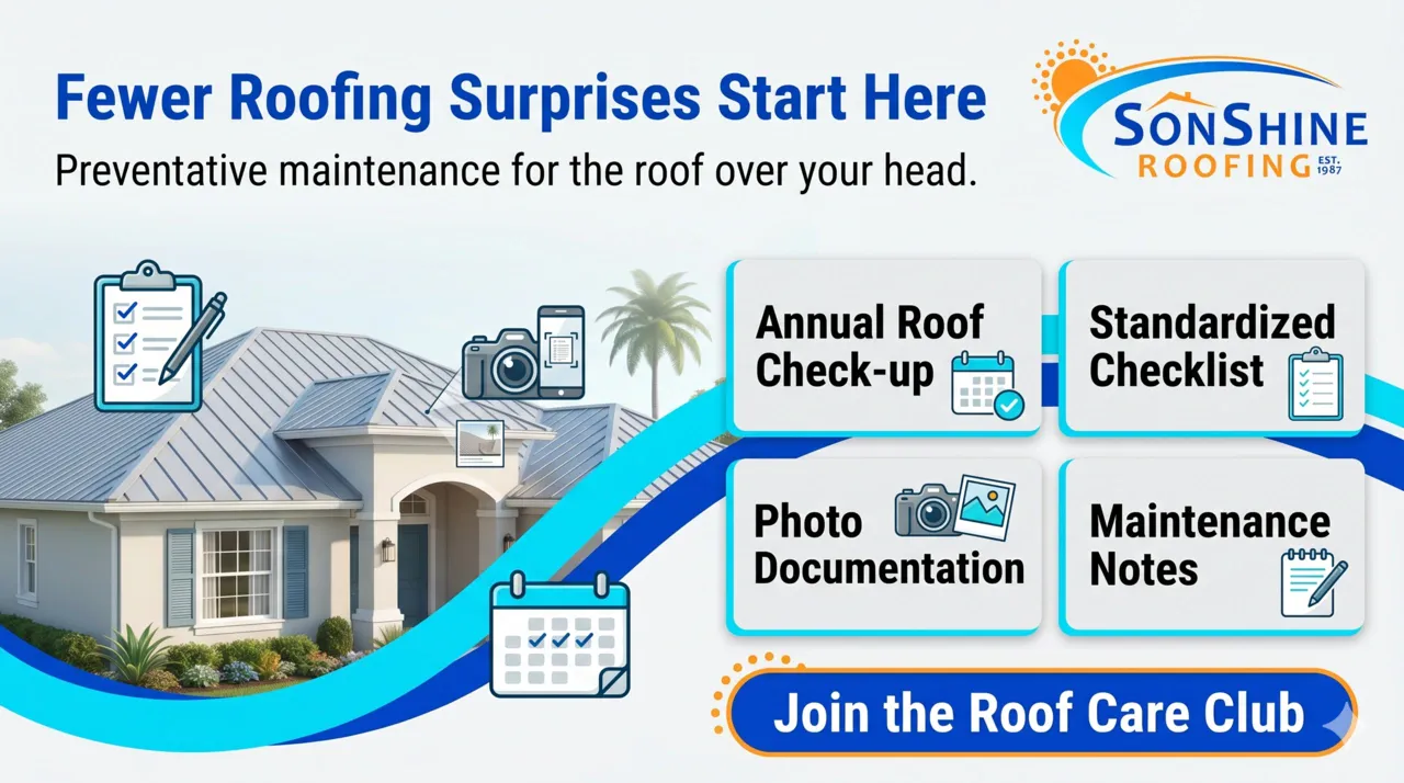 Roof Care Club infographic showing annual roof check-up, checklist, photo documentation, and maintenance notes.