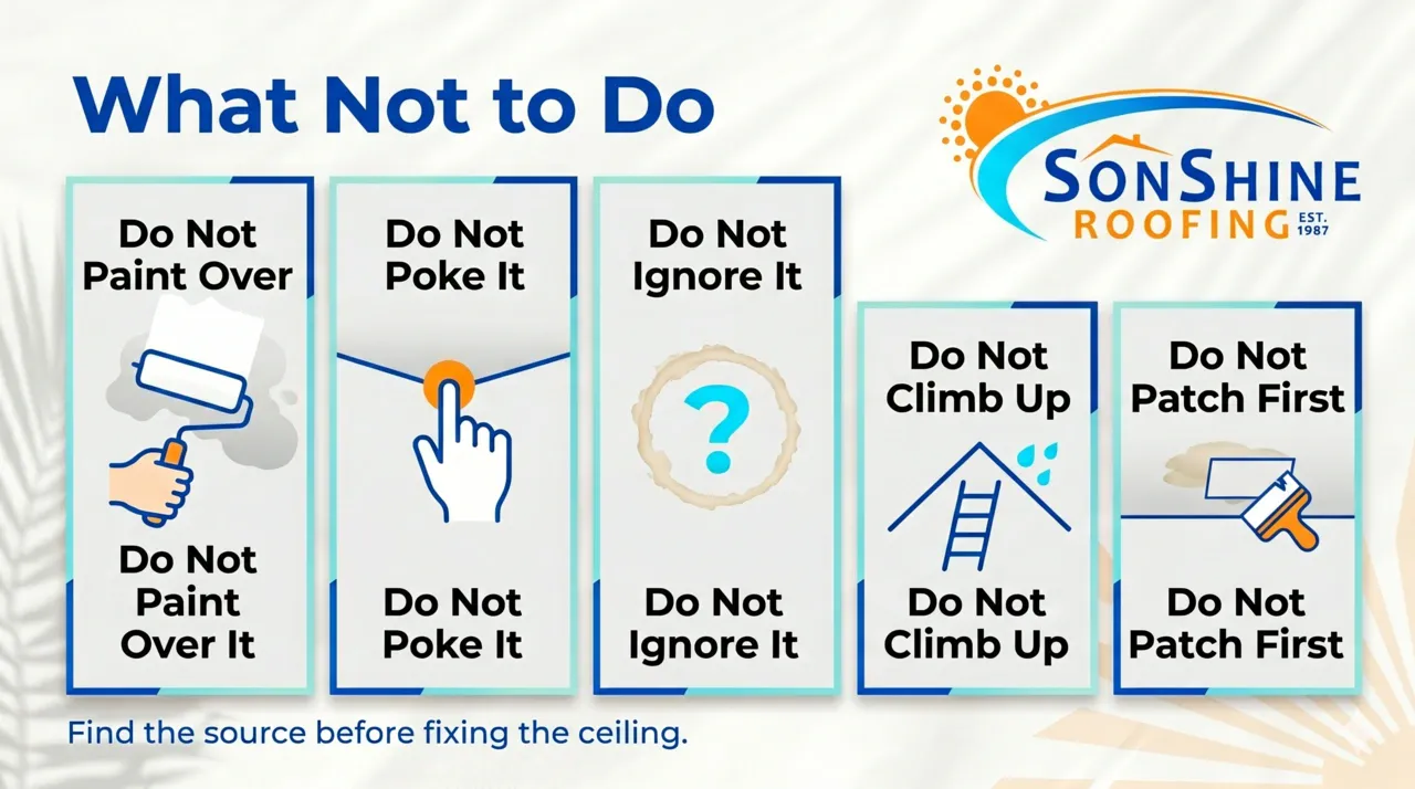 Infographic showing what not to do when a ceiling has a water spot, including painting over it, poking it, ignoring it, climbing on the roof, or patching first.