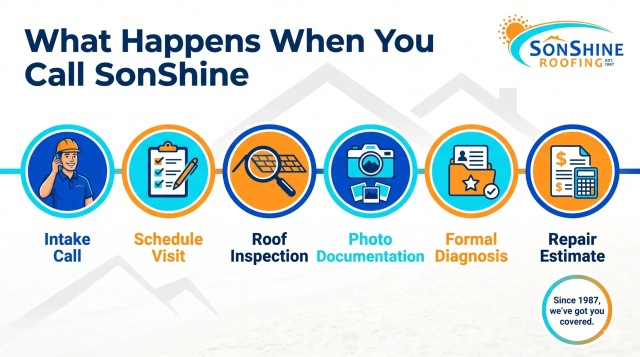 Timeline infographic showing SonShine Roofing’s process: intake call, scheduled visit, roof inspection, photo documentation, diagnosis, and repair estimate.