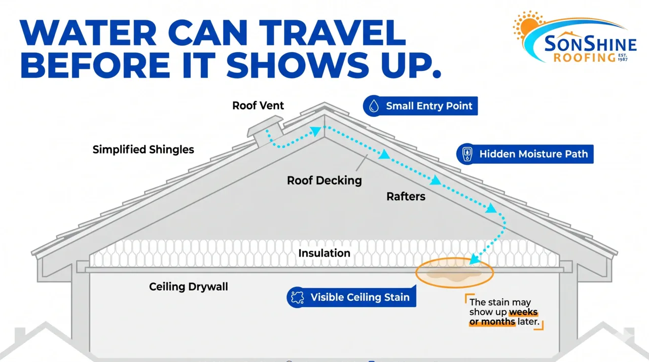 Roof and attic cross-section infographic showing how water can travel before creating a visible ceiling stain.