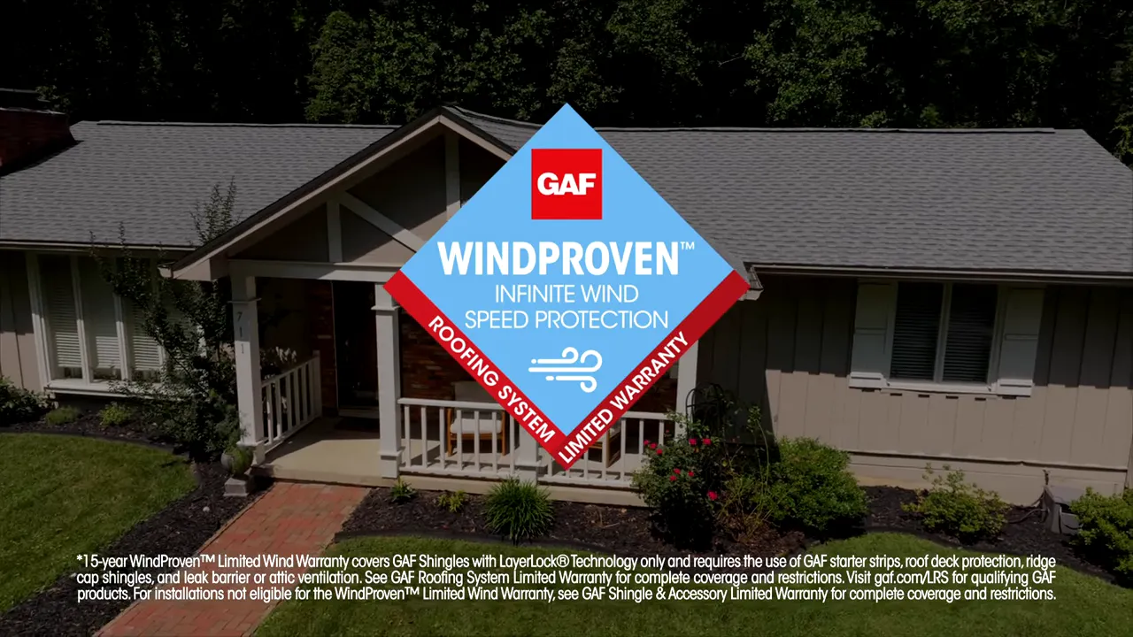 GAF WindProven badge on a Timberline roof — the unlimited-wind warranty to prioritize.