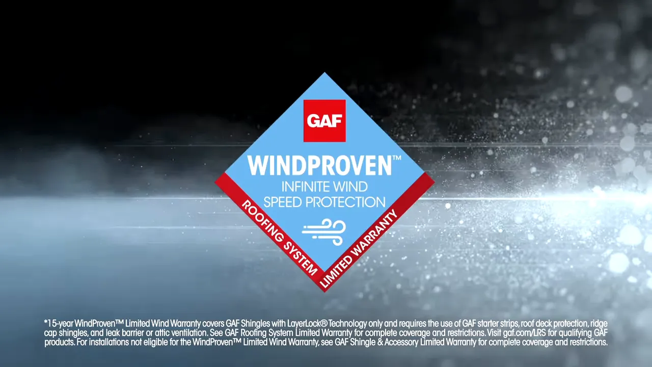 GAF WindProven badge signifying unlimited wind-speed protection.