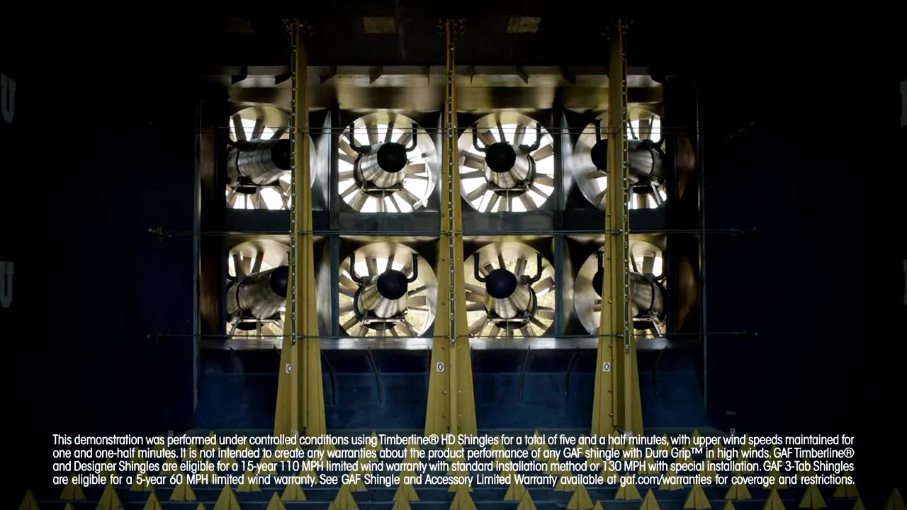 The fan array used in GAF’s hurricane-resistant roofing research facility to simulate Category 4 winds.